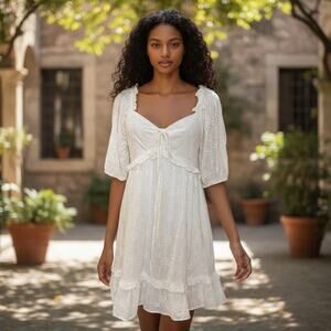 &merci Anthropologie Cottage Core Milkmaid Eyelet Smocked White Dress Sz M Lined